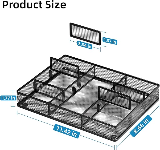 Marbrasse 2Pack Desk Drawer Organizer, Metal Mesh Drawer Organizer Tray with 5 Adjustable Compartments,Desk Organizers and Accessories for Home,Office,Kitchen,Makeup,Vanity (Black) - Image 2