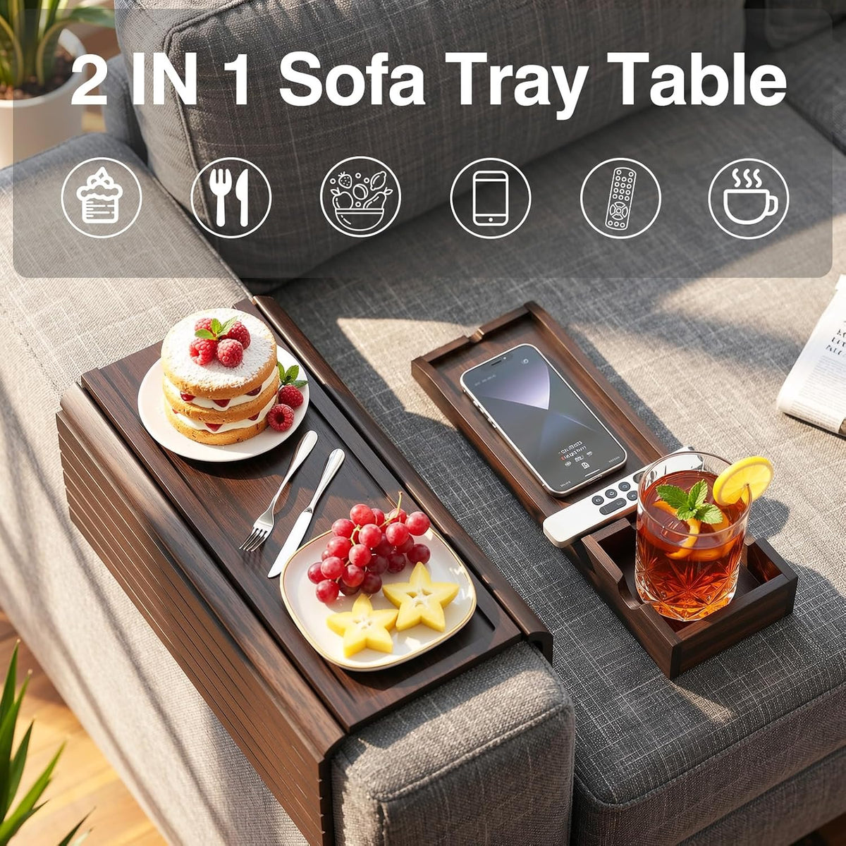 Couch Arm Tray, 2-in-1 Split Design Sofa Armrest Tray for Couch - Image 2