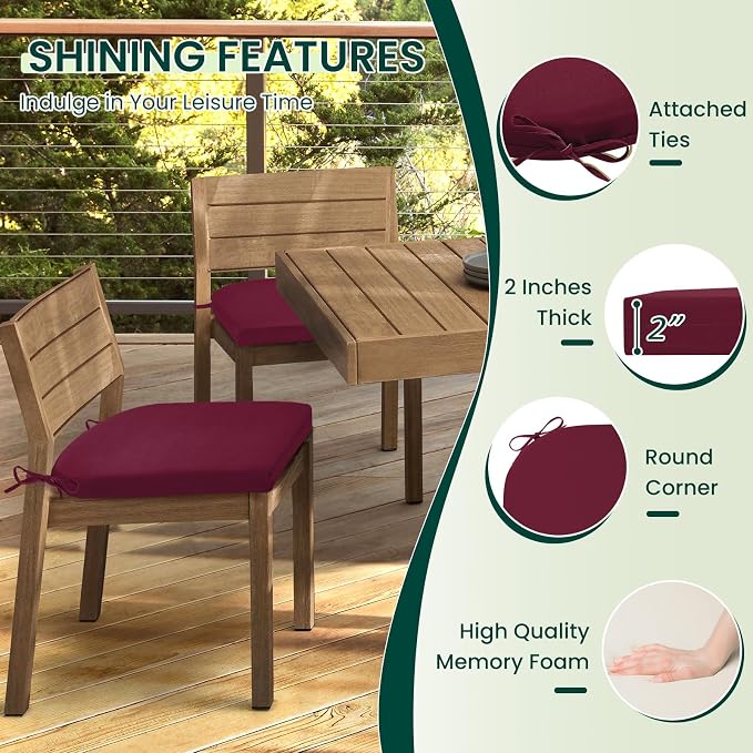 HARBOREST Outdoor Chair Cushions Set of 4, Water Resistant Patio Chair Cushions with Ties, Outdoor Seat Cushions for Patio Furniture, 17"x16"x2", Burgundy - Image 3