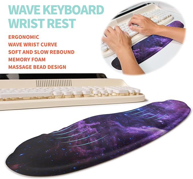 2-in-1 Ergonomic Set, Wave Rise Keyboard Wrist Rest and Massage Bulge Slope Mouse Pad Wrist Support, Cushion Memory Foam Integrated to Relieve Wrist Pain, Galaxy - Image 2
