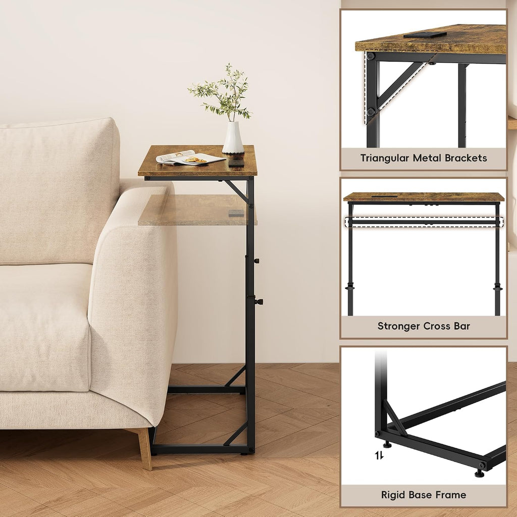 C Shaped End Table with Charging Station, Large C-Table End Table Adjustable Height Side Table for Couch, Couch Table Slide Under Sofa Table TV Tray Table for Sofa, Living Room, Bedroom,Brown - Image 7