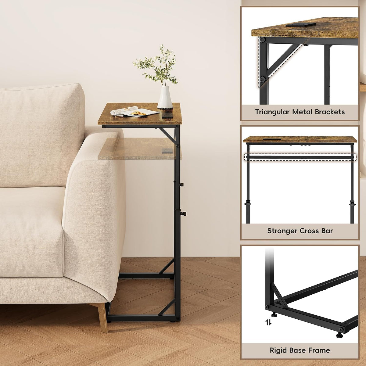 C Shaped End Table with Charging Station, Large C-Table End Table Adjustable Height Side Table for Couch, Couch Table Slide Under Sofa Table TV Tray Table for Sofa, Living Room, Bedroom,Brown - Image 7