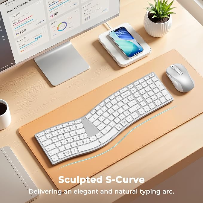 MEETION Wireless Ergonomic Keyboard and Mouse, Split S-Curve Design, White | Dual Bluetooth and 2.4GHz connectivity, low-profile rechargeable keyboard, 4 DPI mouse for Windows, Mac, PC and laptop - Image 2
