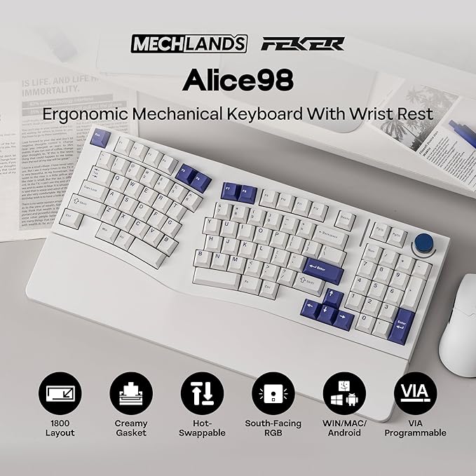 MechLands Feker Alice98 Ergonomic 98 Keys Custom Mechanical Keyboard | VIA Programmable, USB-C Wired Gaming Keyboard, Hot Swappable, 5 Layer Paddings, Control Knob, NKRO, RGB for Win/Mac (White) - Image 2