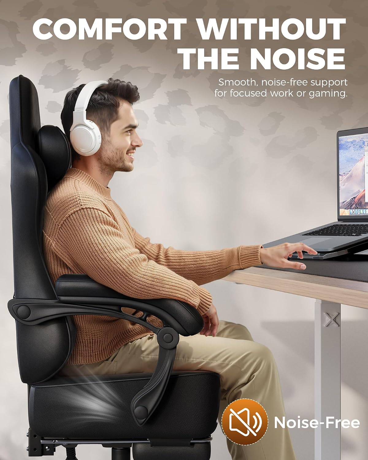 GTPLAYER Big and Tall Gaming Chair with Footrest, Ergonomic Office Desk Chair with 4.4in Thick Cushion and Wide Wingless Seat, Comfortable Leather Computer Chair, Predator Series, Phantom Black - Image 4