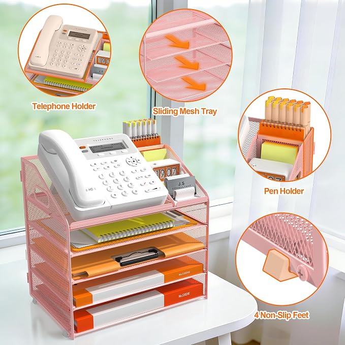 DocNest 5 Tier Metal Mesh Desk File Organizer with Phone Shelf, Pink | Desktop letter tray sorter features a 9.1x9.1 inch top phone holder, built-in sticky note compartment and pen holder - Image 4
