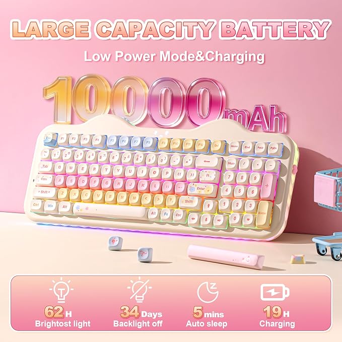 YUNZII C98 Cute Cake Wireless Mechanical Keyboard(Beige, Milk Switch) | 99 Keys with Number Pad, Hot Swap, PBT MOA Keycaps, BT5.0/2.4G/USB-C, Gasket Mount, Custom RGB Backlit for Win/Mac - Image 5