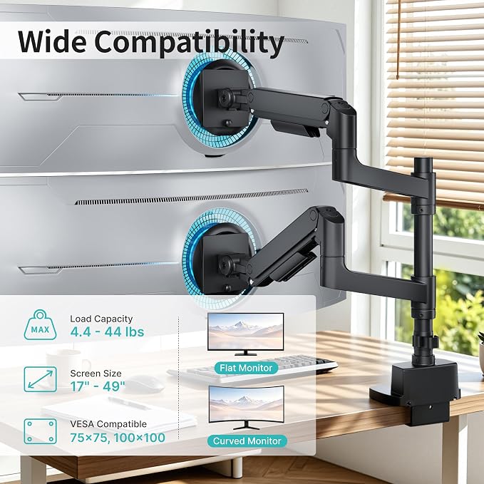 Dual Monitor Arm for 17”-49“Ultrawide Monitors with USB,Black | Heavy Duty Dual Monitor Mount Holds 44 lbs - Image 2