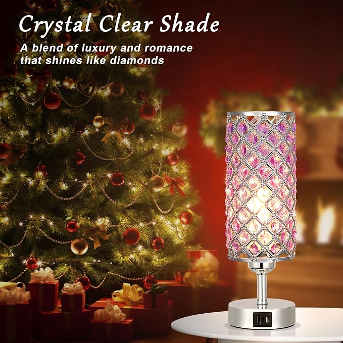 Crystal Table Lamp, 3 Way Dimmable Touch Lamps for Night Stands, Purple | Purple Crystal Table Lamp with USB C+A 3-Way Dimmable Bedside Lamp - Image 6