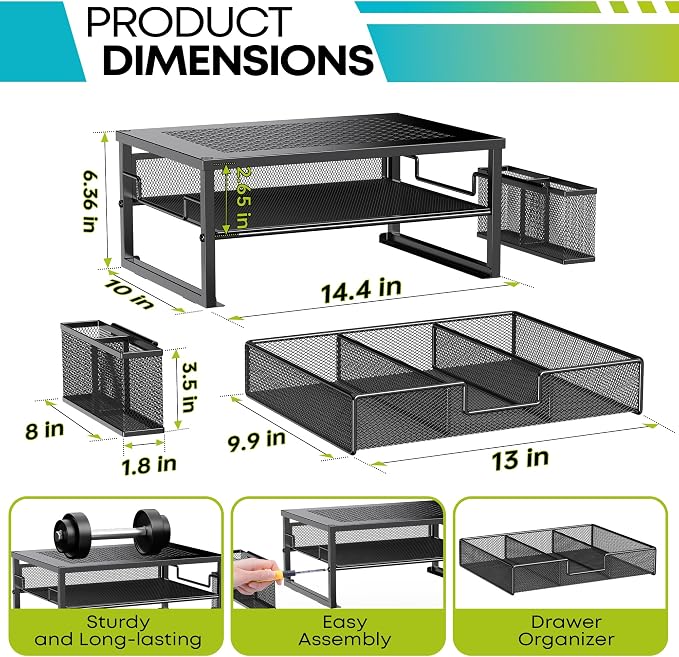 MINDEPOT 2 Tier Computer Monitor Stands with Drawer and 2 Pencil Holder | Computer Monitor Stands with Drawer and 2 Pencil Holder - Image 2