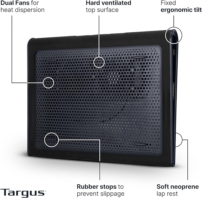 Targus 17 Inch Dual Fan Lap Chill Mat - Soft Neoprene Laptop Cooling Pad for Heat Protection, Fits Most 17" Laptops and Smaller - USB-A Connected Dual Fans for Heat Dispersion (AWE55US) - Image 3