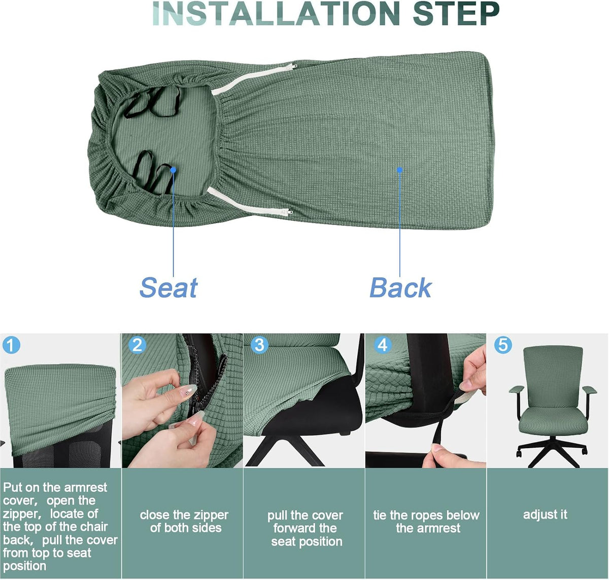 Tatuo 3 Pcs Computer Office Chair Armrest Cover, L, Waffle, Green - Image 6