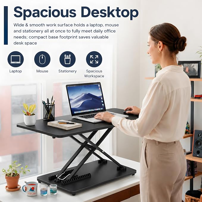 Height Adjustable Standing Desk Converter, 25.16" x 15.75", Black | Ready to Use Desk Riser for Laptop and Monitor, Sit Stand Workstation for Office, Bedroom and Living Room - Image 7