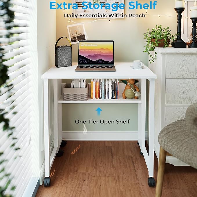 GreenForest Folding Desk with Wheels, 31.5" Rolling Table for Small Spaces | Storage Shelf, Lockable Casters, Compact Portable Workstation, Space-Saving Foldable Sofa Table, Home Office, Mobile, White - Image 5