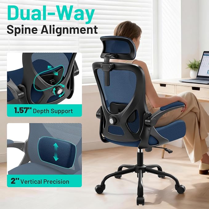 Office Chair - Ergonomic Desk Chair Breathable Mesh Chair with 2D Headrest & Adjustable Lumbar Support - Executive High Back Rolling Swivel Computer Gaming Chair with Wheels Flip-up Armrests - Image 3