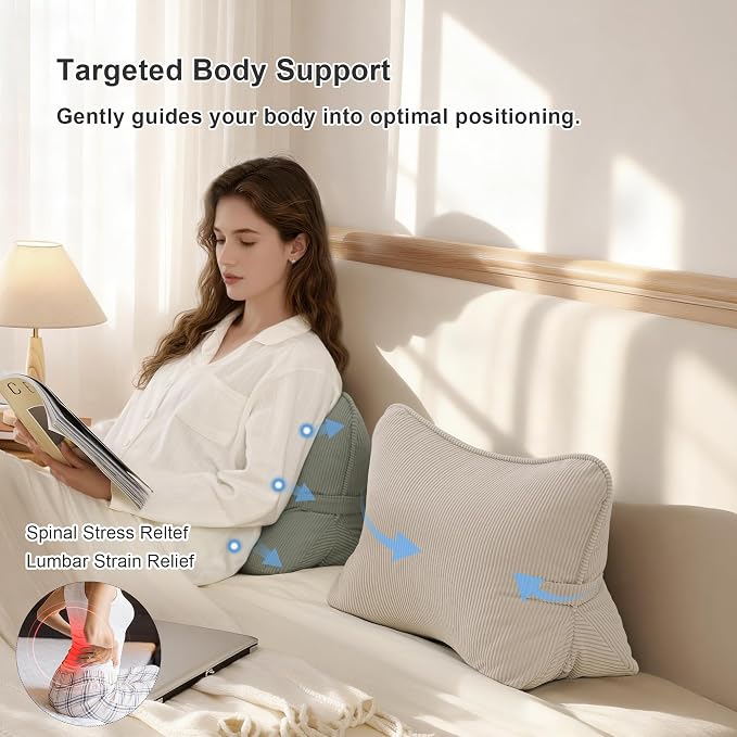 Pat. Pend. Corduroy Lumbar Support Back Pillow for Sitting Up & Reading, Ergonomic Triangle Back Support Cushion for Sofa, Armchair & Bed, Removable Washable Cover, Grey Green - Image 4