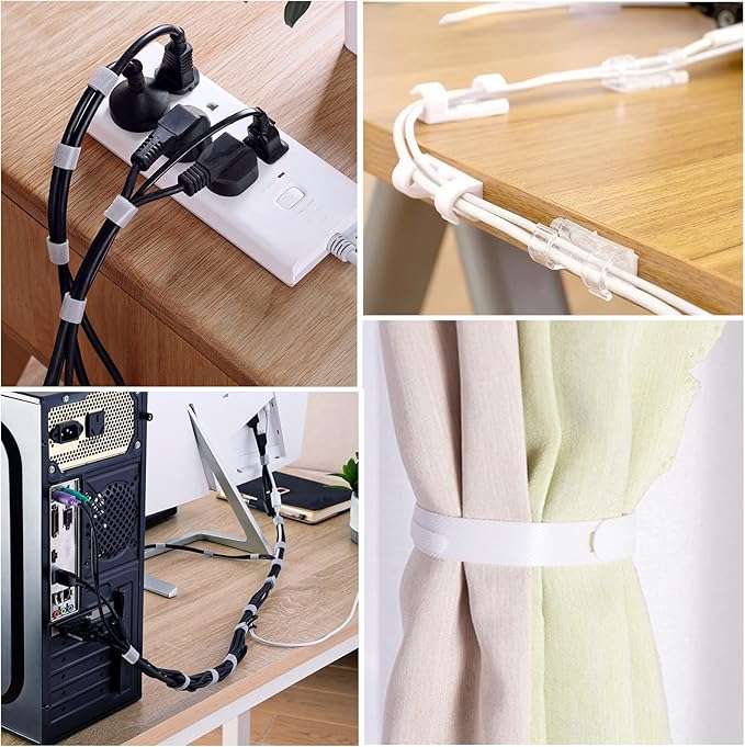 White Cable Management Organizer Kit 4 Cable Sleeve Split 311Pcs | 47Cable Clips 12Cord Clips Holder,22 Cable Ties, 20 adhesive Wall cable Tie, 200Fasten Cable Ties for TV Electronics - Image 6