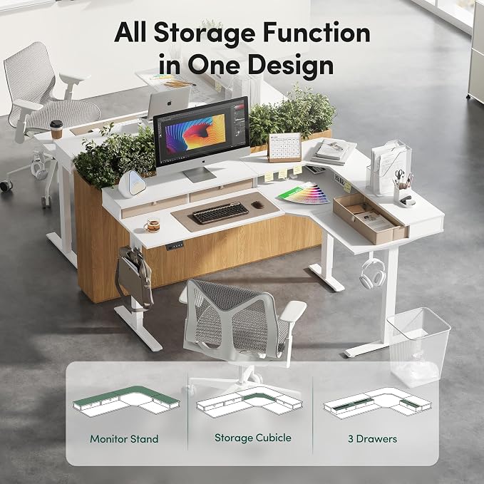 CubiCubi 63x48 Inches L Shaped Standing Desk with 3 Drawers and Monitor Shelf, Height Adjustable Corner Computer Desk with Hooks, Sit Stand Up Ergonomic Home Office Workstation Table, Warm White - Image 4