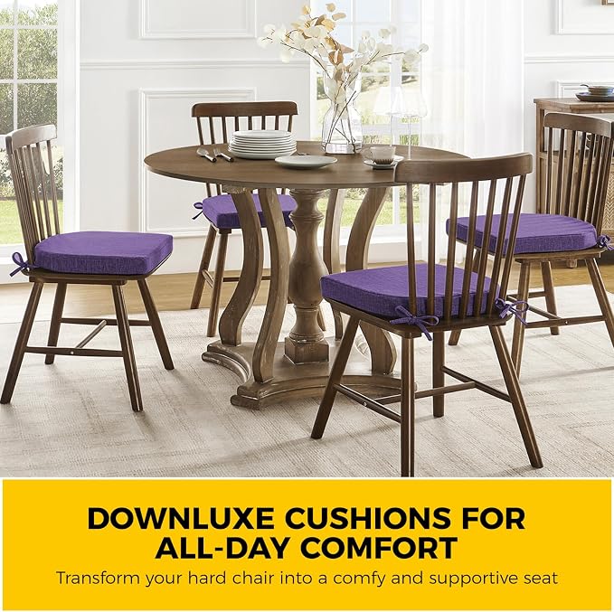 downluxe Indoor Chair Cushions for Dining Chairs, Soft and Comfortable Textured Foam Kitchen Chair Pads with Ties and Non-Slip Backing, 16" x 16" x 2", Purple, 4 Pack - Image 7
