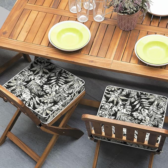 Outdoor Seat Cushions 19 x 19 x 3 Inch, Water Repellent Patio Chair Foam Cushions with Straps, Outdoor Cushions for Patio Furniture Garden Sofa, Set of 2, Tropical Leaf Black - Image 4