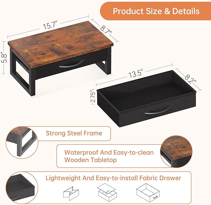 Computer Monitor Stand Riser with Drawer, 2-Tier Desk Accessories & Workspace Organizers, Laptop Stand for Desk with Storage, Office Organization, Wood - Image 6