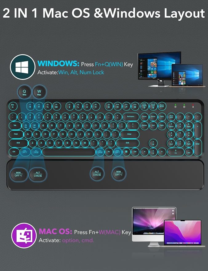 Wireless Keyboard and Mouse Backlit - Typewriter Keyboard with Magnetic Wrist Rest, Retro Round Keys, Light Up Letters, 2.4GHz Cordless Combo for Mac, Windows, PC, Laptop, Trueque CK23Pro [Upgraded] | Retro Round Keys, Light Up Letters, 2.4GHz Cordless... - Image 9