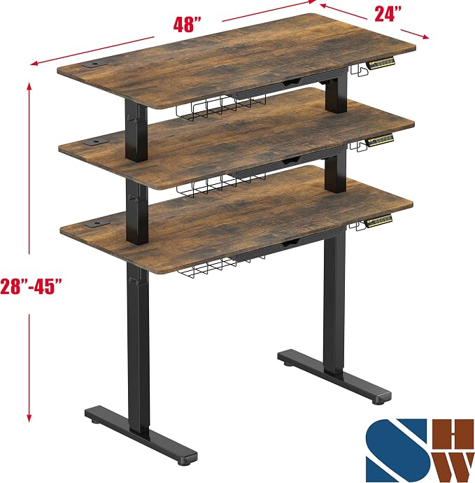 SHW 48-Inch Electric Height Adjustable Standing Desk w/Drawer, Rustic Brown | w/ Memory Presets and Cable Management | Drawer with adjustable compartments | Hanging Hooks - Image 3