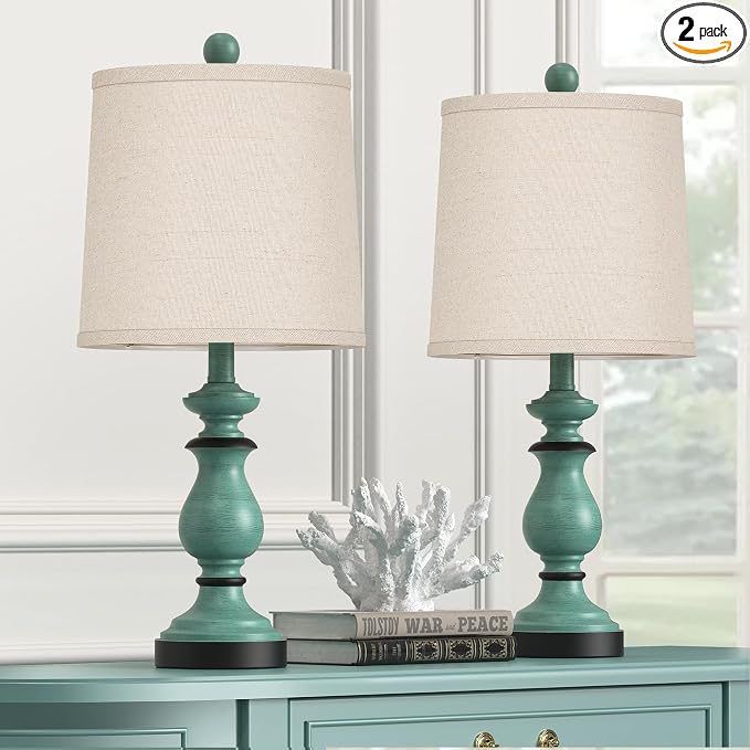 Traditional Table Lamp Set of 2, Rustic Farmhouse Table Lamps for Living Room Bedroom, 22" Bedside Desk Lamps Vintage Nightstand Lamps with Linen Shades, Green by PARTPHONER