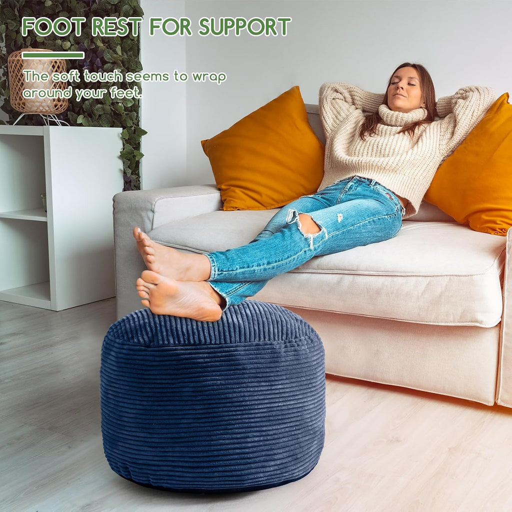HIGOGOGO Round Stuffed Pouf Ottoman, Corduroy Poufs with Foam Chunk Filling, Furry and Fluffy Pouf Foot Stool Storage Ottoman, 20 X 15 Floor Poufs Foot Rest for Living Room, Bluestone - Image 4