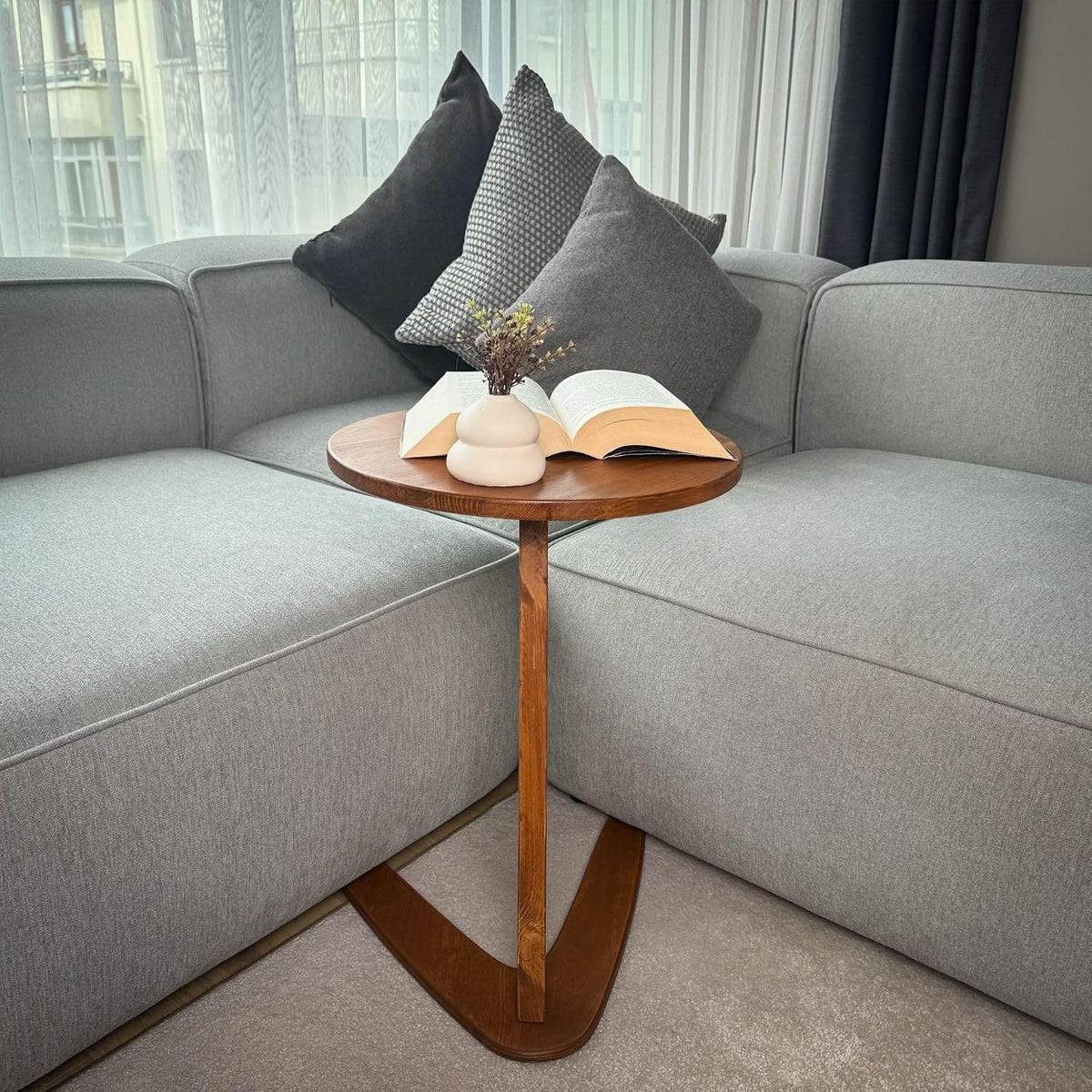 Small C-Shaped Solid Pine Side Table, Chestnut, Medium - Image 4