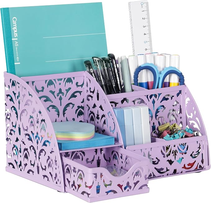 EasyPAG Pen Holder Desk Organizer with Drawer Pencil Cup for Desk 6 Compartments Metal Office Caddy Storage with Sticky Notes Holder for School Home Office, Purple by EasyPAG