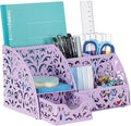 EasyPAG Pen Holder Desk Organizer with Drawer Pencil Cup for Desk 6 Compartments Metal Office Caddy Storage with Sticky Notes Holder for School Home Office, Purple by EasyPAG