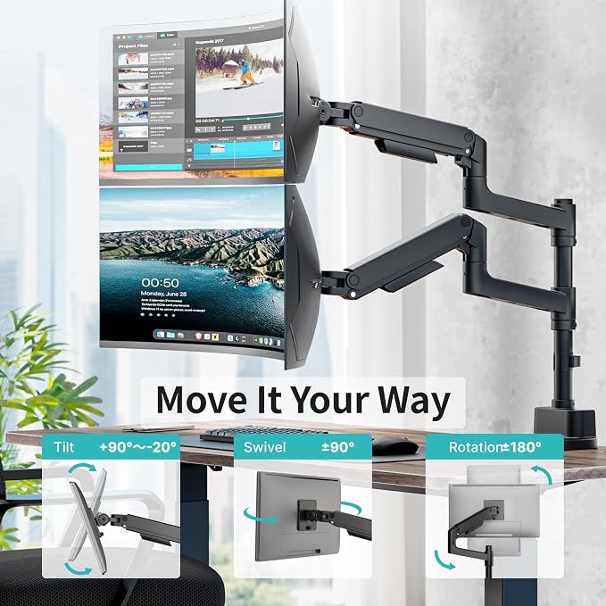 Dual Monitor Arm for 17”-49“Ultrawide Monitors with USB,Black | Heavy Duty Dual Monitor Mount Holds 44 lbs - Image 4