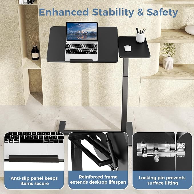 DUMOS Standing Desk with Wheels, Rolling Desk, Laptop Table | Adjustable Height, Portable Computer Workstation, Tilting Desktop, Home Office Classroom Bedside, Black - Image 8