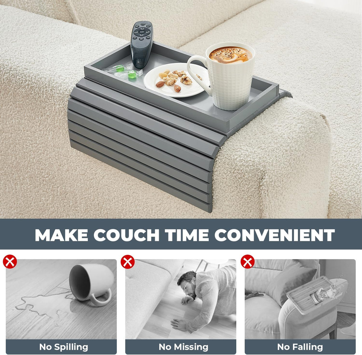Bamboo Sofa Arm Tray, Anti Falling Couch Arm Tray Table, Foldable Couch Armrest Table, Portable Sofa Armrest Trays Cup Holder for Drink, Cups, Phone, Snacks, Remote - Image 2