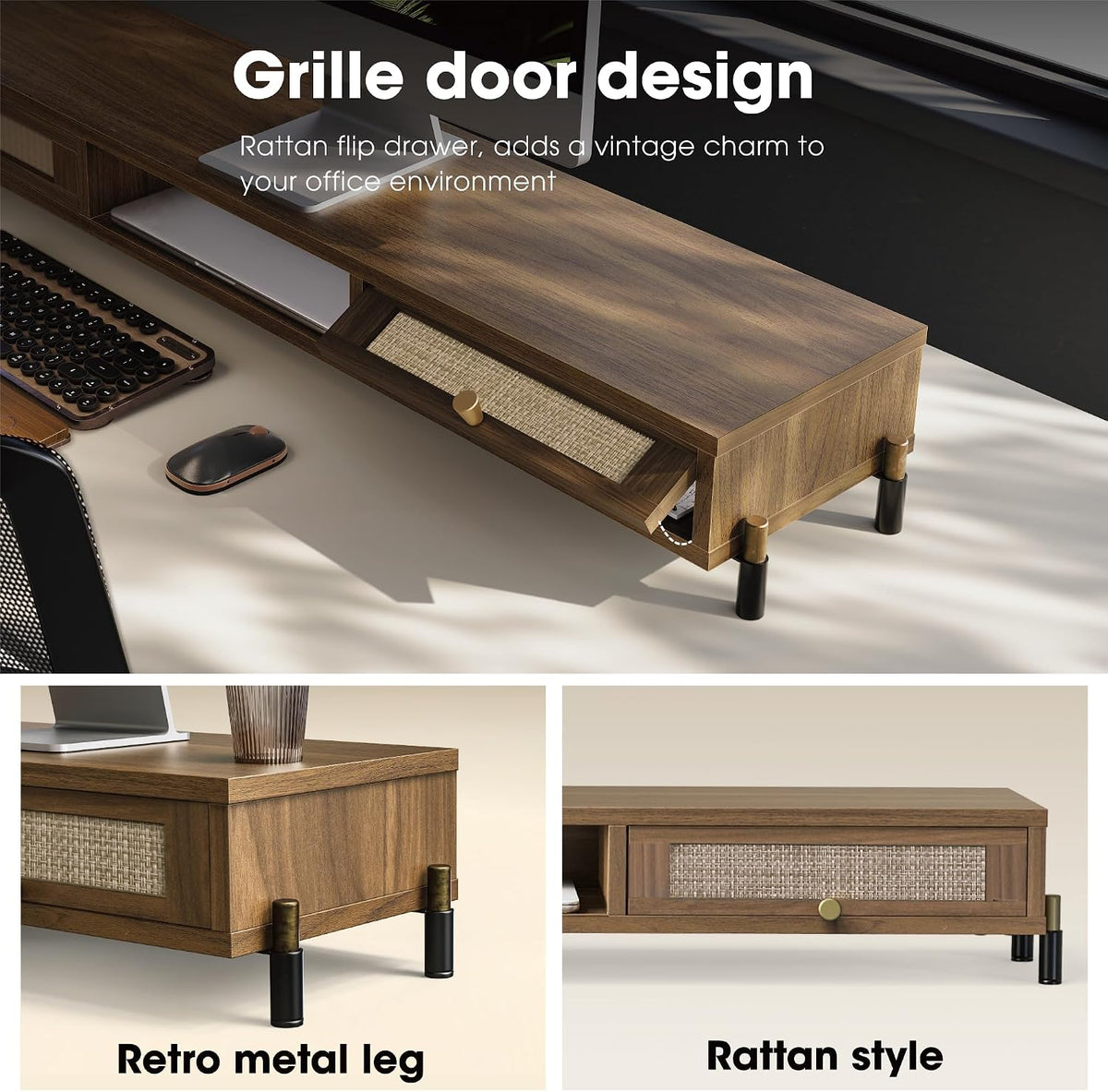 Fenge Dual Monitor Stand, Wooden Riser with Rattan Woven Flip Drawers - Image 3