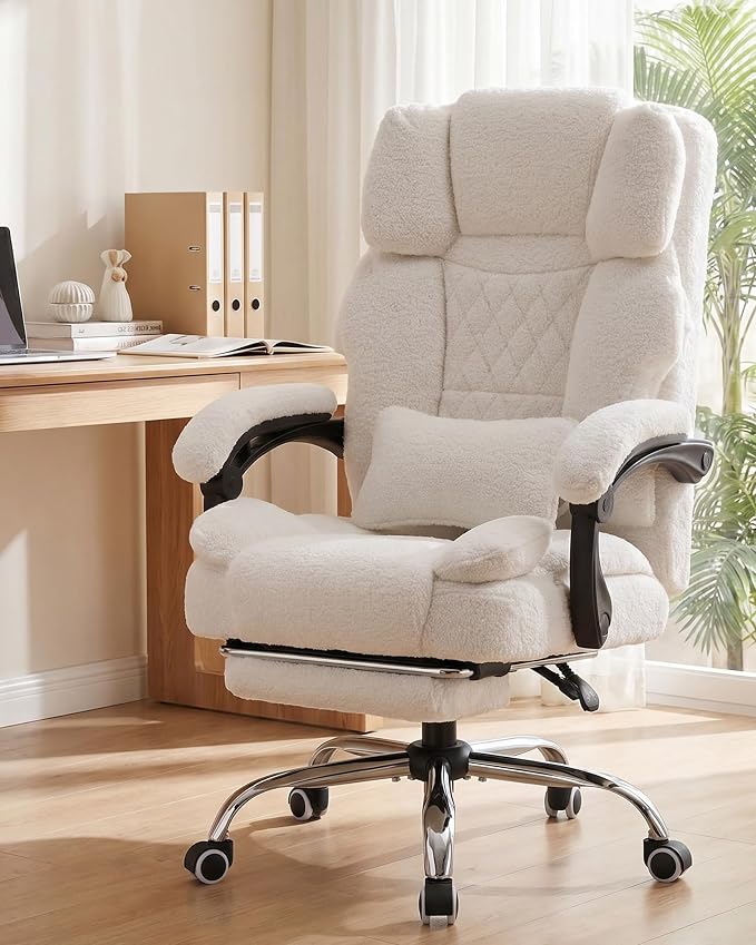GTPLAYER Big and Tall Office Chair with Pocket Spring Cushion & Ergonomic Lumbar Support for Lower Back Pain Relief, High Back Computer Gaming Chair with Foot Rest, Comfy Teddy Fleece, White - Image 3