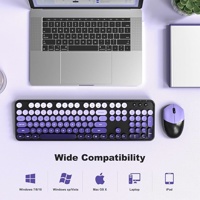 Wireless Keyboard and Mouse Combo, 2.4GHz Retro Full-Size Typewriter Keyboard with Number Pad and Wireless Mouse for PC/Laptop/Desktop/Windows (Black Purple Colorful) - Image 6