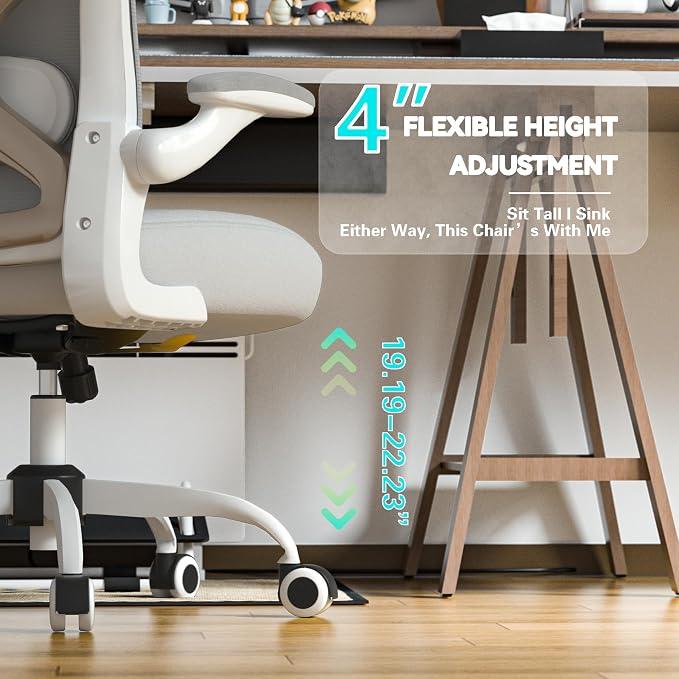 Ergonomic Home Office Chair, 4-Way Lumbar, Thick Cushion, 330LBS | Adjustable Lumbar (up/down/in/out), Rocking Mesh Back, Flip-up Arms, Easy Assembly, Ideal for home offices & small workspaces - Image 2