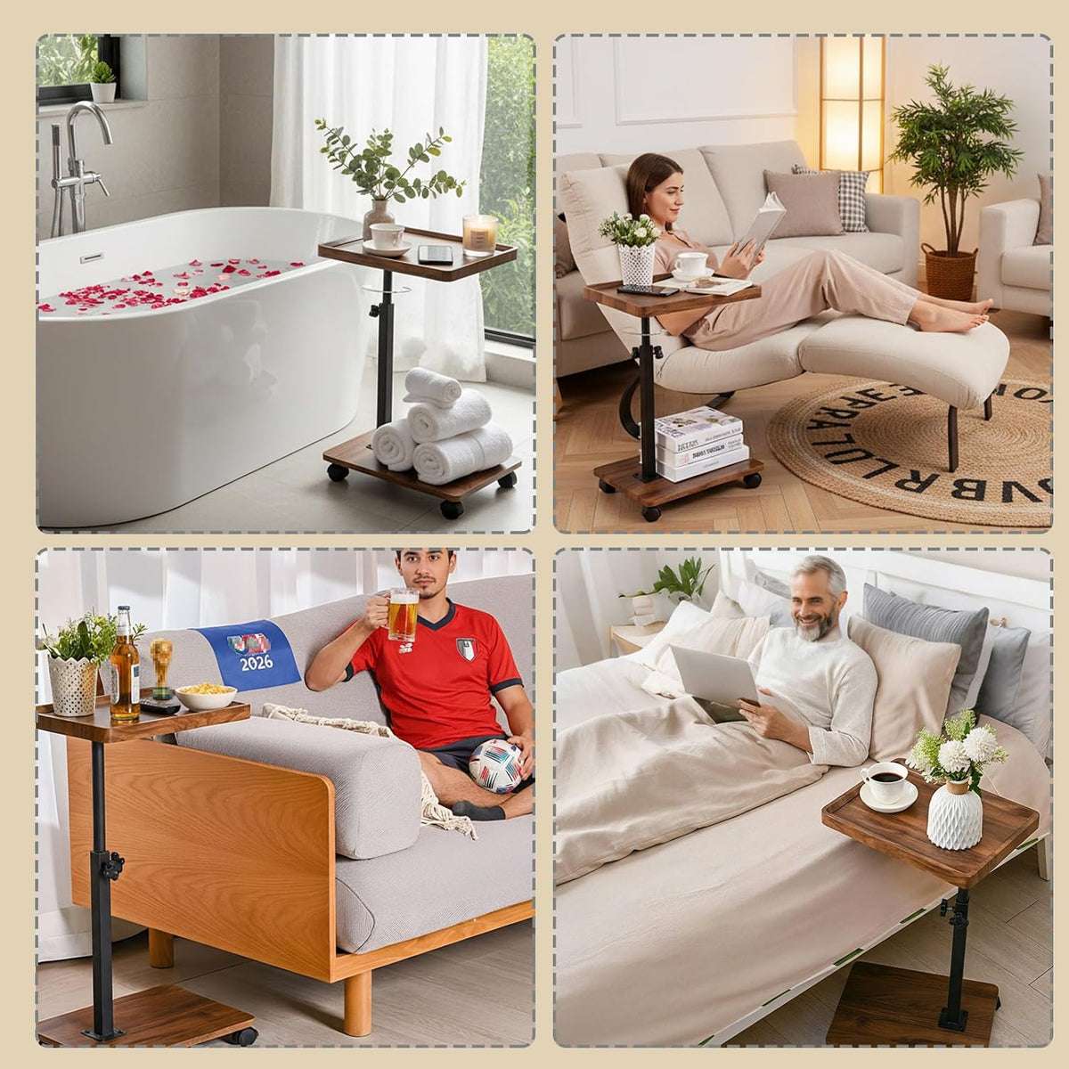 C Table End Table Adjustable Height,C Shaped End for Couch，Snack Tables,360°Swivel TV Tray Sofa Table,Tables that Slide Under,Coffee SideTable for Bed,Chair,Bath-tub,Outdoor(Walnut Color) - Image 9