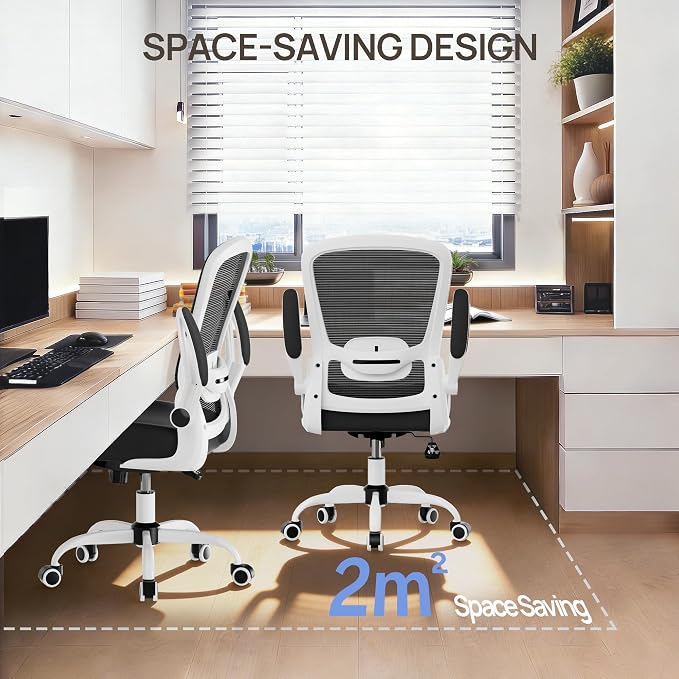 Mimoglad Ergonomic Office Chair - Desk Chair with Flip-up Armrests & 135° Recline, Adjustable Lumbar Support - Space-Saving Task Chair for Business/Team Office & Home (White Frame-Black, 300lbs) | Supports 300 lbs · Seat 19.48"–23.4" · Breathable mesh ... - Image 5