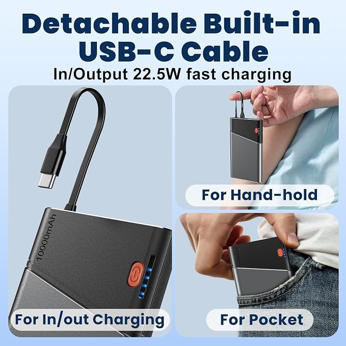 Aaoyun 10000mAh Portable Power Bank, 22.5W PD Fast Charging Battery Pack with Built-in USB-C Cable, Ultra-Slim External Phone Charger for iPhone 17/16/15, Samsung Galaxy S24, Android (Grey) - Image 8