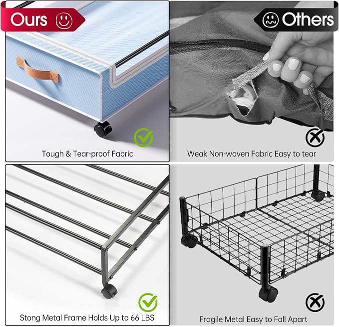 Yecaye Under Bed Storage with Wheels, 2 Pack Under Bed Storage Containers, 60L Underbed Shoe Storage with Clear Window & Label, Rolling Under Bed Metal Drawer for Clothes, Shoes, Books, Blankets, Blue - Image 3