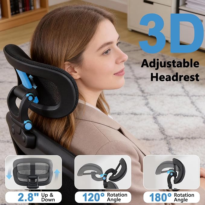 Office Chair, Ergonomic Computer Desk Chair with 3D Headrest | Comfy Home Office Desk Chair with Adjustable Lumbar Support & Flip-up Armrests, 330LBS High Back Mesh Gaming Chair, Black - Image 3