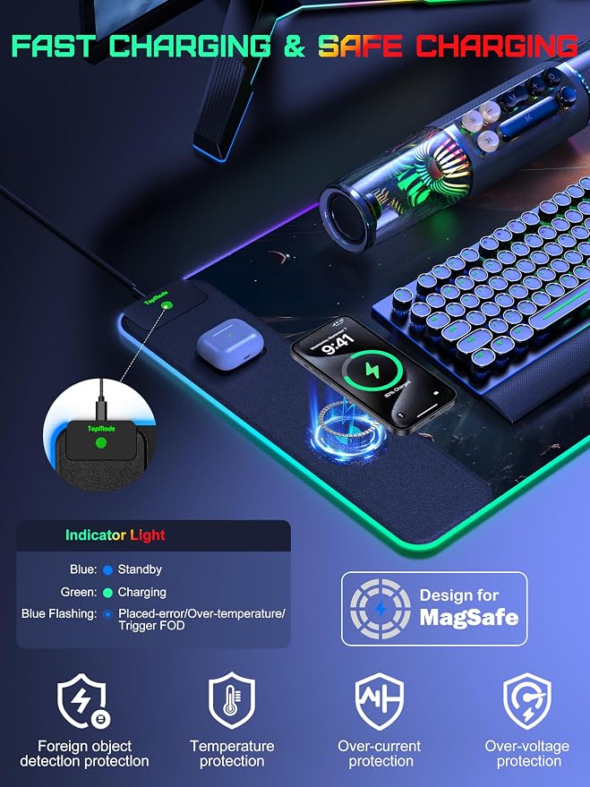 TopMade Wireless Charging Mouse Pad, RGB Gaming Mousepad Home Office Desk Pad, 31.5” x 15.8” Large Desk Mat, Waterproof Keyboard Pad, Cosmic Planet (Includes 20W PD Power Adapter & 6.56ft Woven Cable) - Image 3