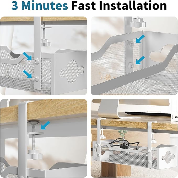 Under Desk Cable Management Tray White, Litwaro Cable Management Under Desk No Drill, Cable Organizer with Clamp for Wire Management, Cord Organizer for Office, Home No Damage to Desk - Image 5