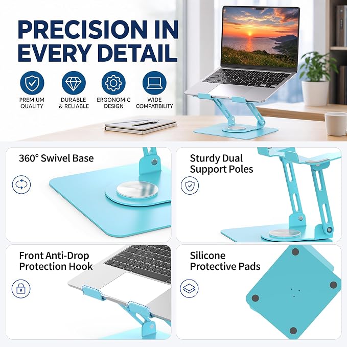 SOUNDANCE 360 Rotating Laptop Stand, Ergonomic Computer Riser for Desk, Adjustable Height Multi-Angle Metal Holder, Foldable Portable Notebook Elevating Base for Office & Home, Blue - Image 9