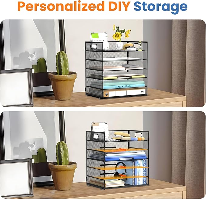Daltack 6-Tier Paper Organizer for Desk with Handle, Black | Sturdy Metal Mesh Organizer with Movable Middle Trays and a Carry Handle for Papers, Folders and Office Supplies - Image 2