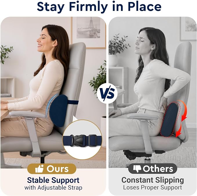 Lumbar Support Pillow for Office Chair, Lower Back Pillow with Strap, Blue | Saty in Place, Soft Plush Cover, Memory Foam Core, Erogonimic for Long-Sitting Comfort, Ideal for Car Seat & Most Chairs - Image 2