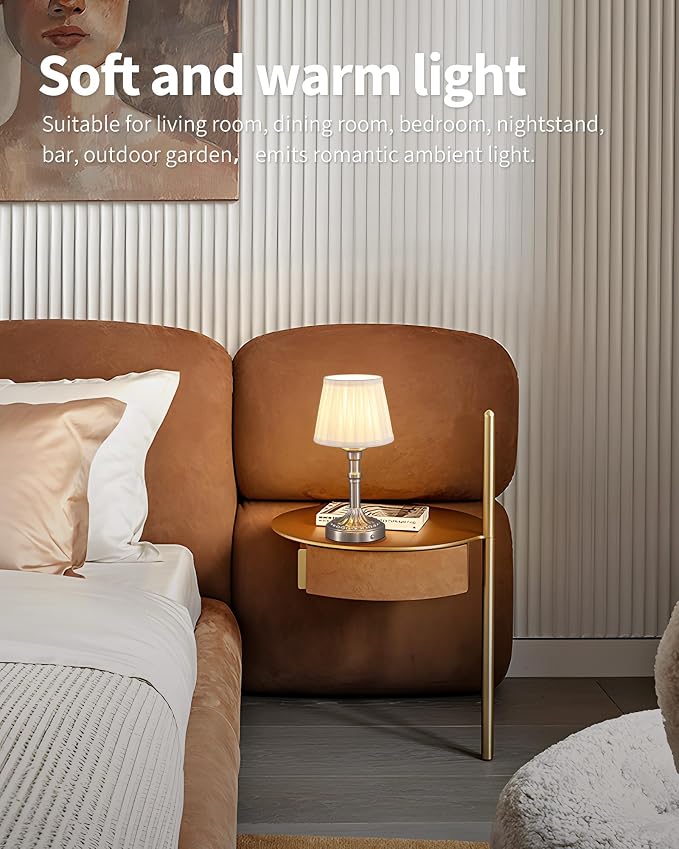 KDG Nickel Cordless Table Lamps Set of 2, Beige Fabric Shade Desk Lamp | Portables 4000mAh Battery Powered, Small LED Lighting, 2700K Stepless Dimmable, Light for Living Room, Dining Room, Bedroom - Image 3